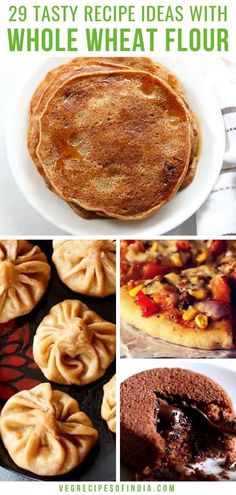 several different types of pies and pastries with text overlay that reads 29 tasty recipe ideas with whole wheat flour