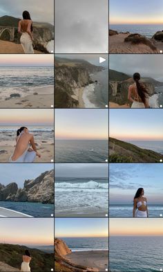 multiple pictures of women in white bathing suits on the beach at sunset, with ocean and cliffs in the background