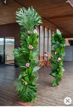 two tall green plants with pink flowers in them on a wooden floor next to a building