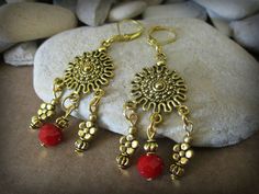 Long Red & Gold Earrings | Statement Earrings | Chandelier | Big | Dangle | Bohemian | Red and Gold | 18K Leverback | Sun | Flower | Summer Cute Dangle Earrings, Mothers Day Gift Ideas, Unique Mothers Day Gifts, Gold Sun, Gold Statement Earrings, Long Red, Red Earrings, Earrings Unique