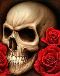 a painting of a skull and red roses