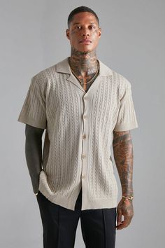 Short Sleeve Revere Cable Knit Shirt | boohooMAN USA Manly Outfits, Bald Style, Dance Fits, Fits Ideas, Shirt Outfit Men, Herren Style, Cocktail Casual, Classy Outfits Men, Boys Outfits