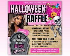 a halloween raffle flyer with a skeleton on it