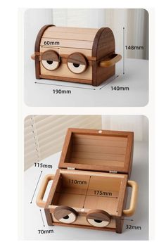 an open wooden box with eye glasses on it and measurements for the contents in front