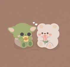 two small teddy bears sitting next to each other on a brown background, one has a flower in its mouth