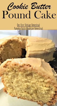 a close up of a piece of cake on a plate with the words cookie butter pound cake