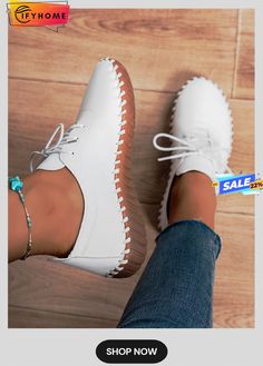 Casual Plain Lace-up Flat Shoes Spring Lace-up Round Toe Flats, Spring Round Toe Flats With Laces, Spring Flats With Laces And Round Toe, Casual Synthetic Lace-up Shoes With Round Toe, Casual Synthetic Lace-up Shoes With Stitched Sole, Casual Lace-up Shoes With Stitched Sole, Spring Flat Walking Shoes With Stitched Sole, Casual Flat Lace-up Shoes With Perforated Toe Box, Spring Low-top Lace-up Shoes With Cushioned Footbed