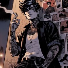 Male Black Cat Marvel, Yakuza Oc Male, Enby Character Art, Punk Rock Character Design Male, Goth Male Oc, Oc With Tattoos, Punk Oc, Punk Character Art, Goth Male