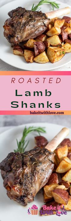 roasted lamb shanks with roasted potatoes on the side and baked in the oven