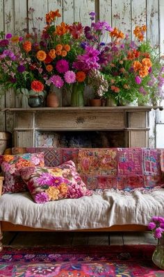 a living room filled with lots of colorful flowers