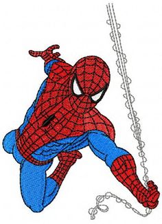 a drawing of a spider man hanging from a chain