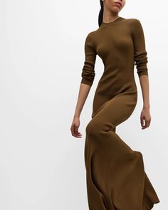 Brandon Maxwell Vanessa Long-Sleeve Rib-Knit A-Line Maxi Dress | Neiman Marcus A Line Maxi Dress, Brandon Maxwell, Fall Photoshoot, Espresso Martini, Ulla Johnson, Minimal Fashion, Powerful Women, How To Feel Beautiful, Top Designers