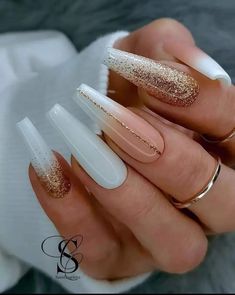 Ballerina Nails Designs, Nails With Gold, Gold Acrylic Nails, Gold Nail Designs, White Acrylic Nails, Ballerina Nails