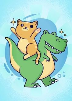 a cat riding on the back of a dinosaur with its paw in it's mouth