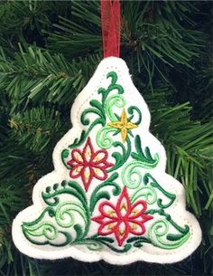 a christmas tree ornament hanging from a christmas tree with red and green decorations