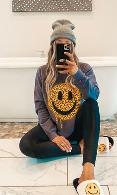 Leopard Smiley Face Sweatshirt features a leopard smiley face. Oversized fit. Plus long enough to wear with leggings! 100% French Terry Cotton Relaxed Fit Smiley Face Top For Loungewear, Trendy Sweatshirt For Workout In Fall, Trendy Smiley Face Tops For Loungewear, Trendy Smiley Face Loungewear Tops, Smiley Face Top For Loungewear, Fun Oversized Sweatshirt For Fall, Smiley Face Long Sleeve Sweatshirt With Relaxed Fit, Fall Crew Neck Sweatshirt With Smiley Face, Relaxed Fit Long Sleeve Sweatshirt With Smiley Face