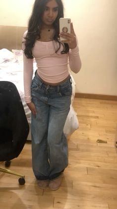 cute outfit inspo, aesthetic outfit inspo, pink uggs, wide jeans, wide leg jeans, low rise jeans, low rise baggy jeans, pink long sleeve top, coquette, balletcore, winter outfit inspo, shopping outfit, streetwear, y2k, y2k jeans