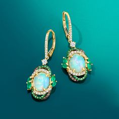 Ross-Simons - Opal Drop Earrings, .64ct t. w. Multicolored Diamonds, .70ct t. w. Multi-Gemstones. Our dreamy drop earrings call to mind the kind of lush greenery found in nature's most enchanting hideaways. Featuring 8x10mm oval opal cabochons that are encircled by artful borders of .64 ct. t. w. brown and white diamonds and .20 ct. t. w. tsavorite rounds with fanciful marquise emeralds that total .50 carats. Set in polished 14kt yellow gold. Hanging length is 1 3/8". Black rhodium at brown diam Opal Drop Earrings, Fine Jewelery, Lush Greenery, Black Rhodium, White Diamonds, Diamond White, Borders, Lush, Emerald