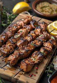 several skewers of meat sitting on top of a wooden cutting board next to lemons