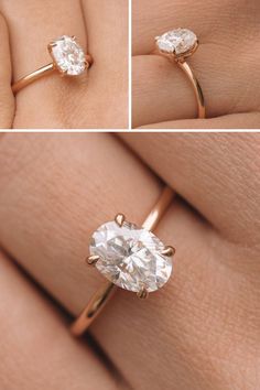 three different views of a diamond ring on someone's hand, with the center stone in