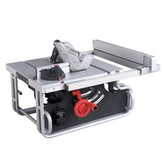 a table sawing machine sitting on top of a piece of metal with red handles