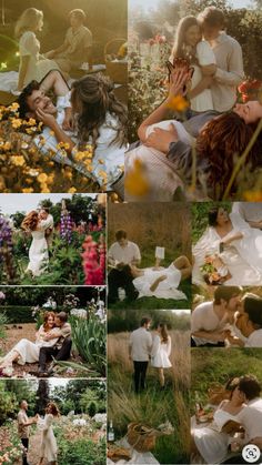 a collage of people sitting and standing in the grass with flowers on each side