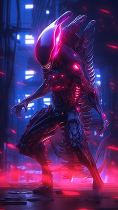 an alien is standing in the middle of a futuristic city with red and blue lights