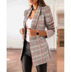 Stay warm and stylish with this men's double-breasted multicolor plaid blazer coat. Featuring a classic vintage and vintage fashion, this coat is designed to keep you warm and looking good. It is made from high quality polyester material for a comfortable fit and long-lasting wear. Perfect for any special occasion or everyday wear, this coat is sure to make a statement wherever you go. Shop now and get ready for the season! Double Breasted Blazer Outfit Women, Asymmetrical Coat, Long Black Coat, Woman Suit Fashion, Professional Wardrobe, Womens Turtleneck, Plaid Blazer, Business Attire, Business Outfits