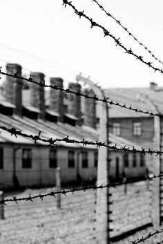 a black and white photo of a fence with barbed wire in front of some buildings