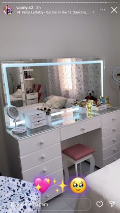 an image of a bedroom setting with a vanity and bed in the background that has emoticive smiley face stickers on it