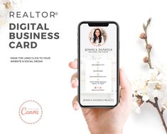 the realtor digital business card is being held up by a woman's hand