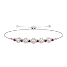 This 5.0mm freshwater cultured pearl, 3.0mm lab-created ruby and diamond accent beading framed alternating pattern bolo bracelet is set in sterling silver. The design is centered along a wheat chain, adjustable to 9.5 inches in length, that secures with a bolo clasp. Bead Frame, Bolo Bracelet, Ruby Diamond, Gemstone Bracelets, Sterling Silver Bracelets, Wheat, Fresh Water, Freshwater Pearls, Beading