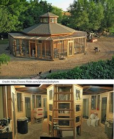 two pictures show the inside and outside of a house with chicken coops in it