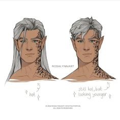 two different faces with tattoos on them, one has white hair and the other has grey hair