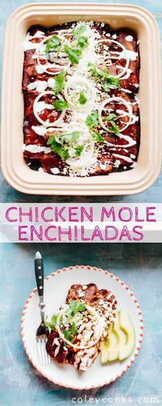 chicken mole enchiladas in a casserole dish on a plate