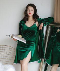 Gift for women Green Long Sleeve Nightgown For Loungewear, Green Long Sleeve Nightgown For Sleep, Green Winter Sleepwear Sets, Green Long Sleeve Sleep Dress, Green Nightgown For Sleepover, Long Sleeve Winter Sleepwear, Green Sleep Robe, Velvet Sleepwear, Exclusive Dress