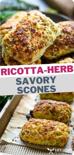 broccoli and herb savory scones on a baking sheet with text overlay