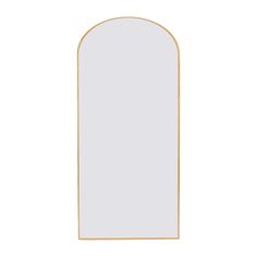 an arch shaped mirror with gold trim on the top and bottom, against a white background