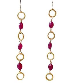 RARE! RUBY & 14K Gold Filled EARRINGS! This is for one pair of Natural RUBY EARRINGS! This RUBY is a wonderful pink/red! While this RUBY is not transparent, it is translucent and glows with an inner light and radiates a wonderful pulsating energy. These earrings have been created using 22K Vermeil findings and 14Kgf ear wires. Quantity: 1 pair of earrings Material Type: Genuine Ruby & 14Kgf Size: 5x4-6.5x4.5mm Color: Deep Pink Legend: Ruby is said to energize and stimulate the wearer! Origin: Ma Yellow Gold Ruby Dangle Earrings, Gold Faceted Ruby Earrings, Artisan Jewelry Earrings, Inner Light, Handcrafted Artisan Jewelry, Ruby Earrings, Gold Filled Earrings, Deep Pink, Red Ruby