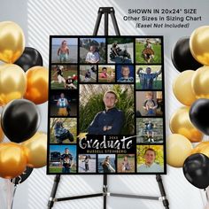 the graduate graduation photo collage is displayed on a easel with gold and black balloons