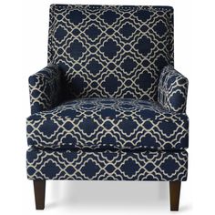 a blue and white patterned chair