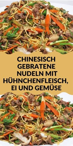 two plates filled with noodles and meat on top of each other, in different languages