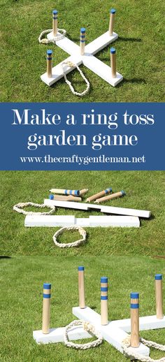 some wooden poles and ropes in the grass with text overlay that says make a ring toss garden game