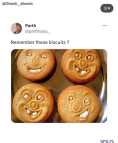 four cookies with faces drawn on them are in a pan and the caption says,