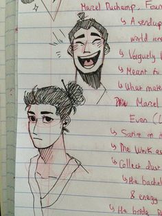 a drawing of two people's faces with different expressions on lined paper, one is drawn