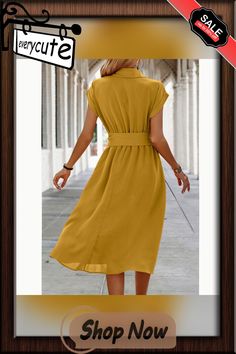 Yellow Button Lapel Pocket Midi Dress with Tie Solid Color Button-up Dress For Office, Solid Color Collared Office Dress, Summer Office Dresses With Button Closure, Summer Office Midi Dress With Buttons, Yellow Knee-length Dress With Button Closure, Elegant Yellow Shirt Dress For Work, Chic Yellow Dress With Button Closure, Elegant Yellow Dresses With Buttons, Yellow Workwear Dress With Button Closure