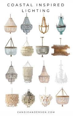 chandeliers with the words coastal inspired lighting above them