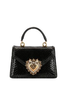 black leather embossed lizard-skin effect logo plaque single circular top handle detachable shoulder strap gold-tone hardware foldover top concealed magnetic fastening This piece comes complete with a protective dust bag. Womens Designer Bags, Black Leather Tote, Dolce E Gabbana, Black Leather Handbags, Mini Handbags, Tote Bag Leather, Handbags Online, Dolce & Gabbana, Black Tote Bag