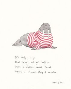 a drawing of a seal with a red and white striped shirt on it's chest