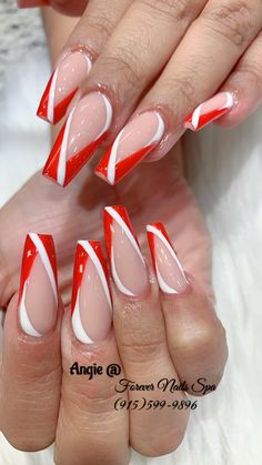 White And Red Acrylic Nails Ideas, Red White Nail Art, Peru Nails, Red White Nails Design, Red Nail Tips Designs, Red And White Gel Nail Designs, Red French Tip Nails With White Line, Red And White Swirl Acrylic Nails, Red And White Nail Art